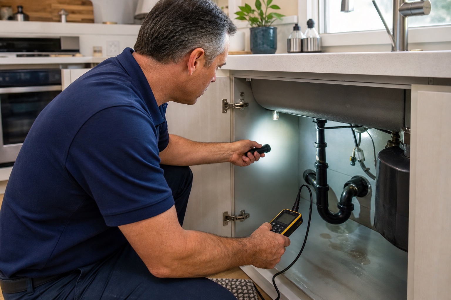 Water leak detection technician inspecting plumbing beneath a kitchen sink in San Diego