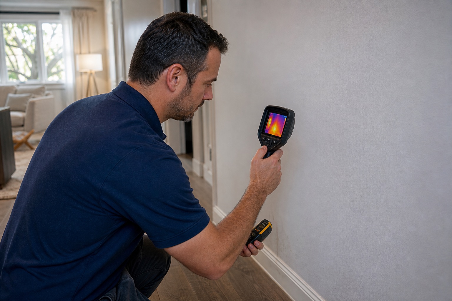 Water leak detection technician using a thermal camera on an interior wall in San Diego